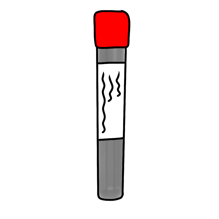 A red topped blood collection tube. The tube is cylindrical with a bright red plastic cap and an opaque body